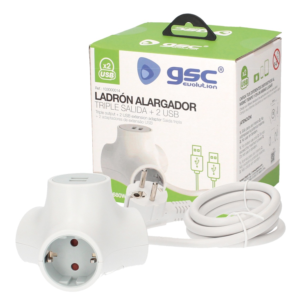 Ladrón alargador triple salida + 2 USB 1,4M