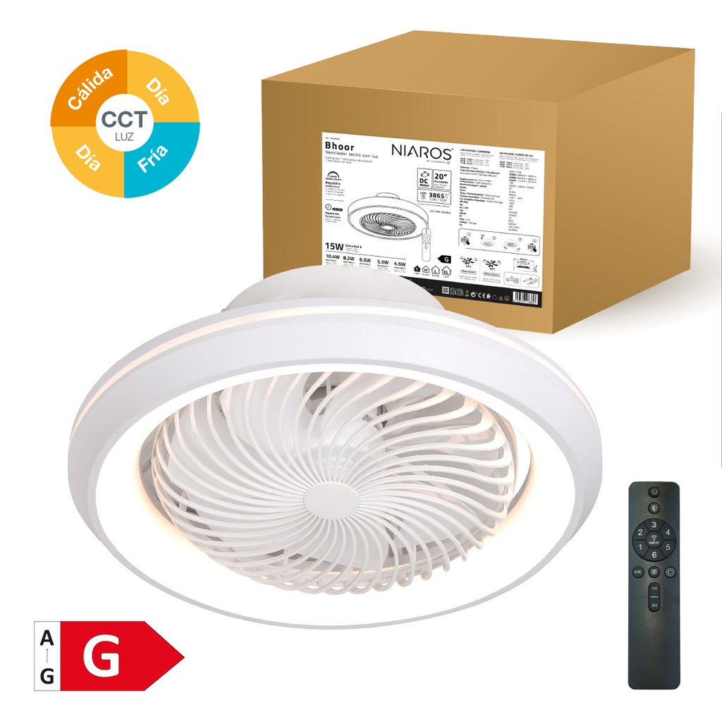 Ventilador techo rotativo Bhoor con luz CCT regulable y mando Ø50 7 aspas DC Blanco