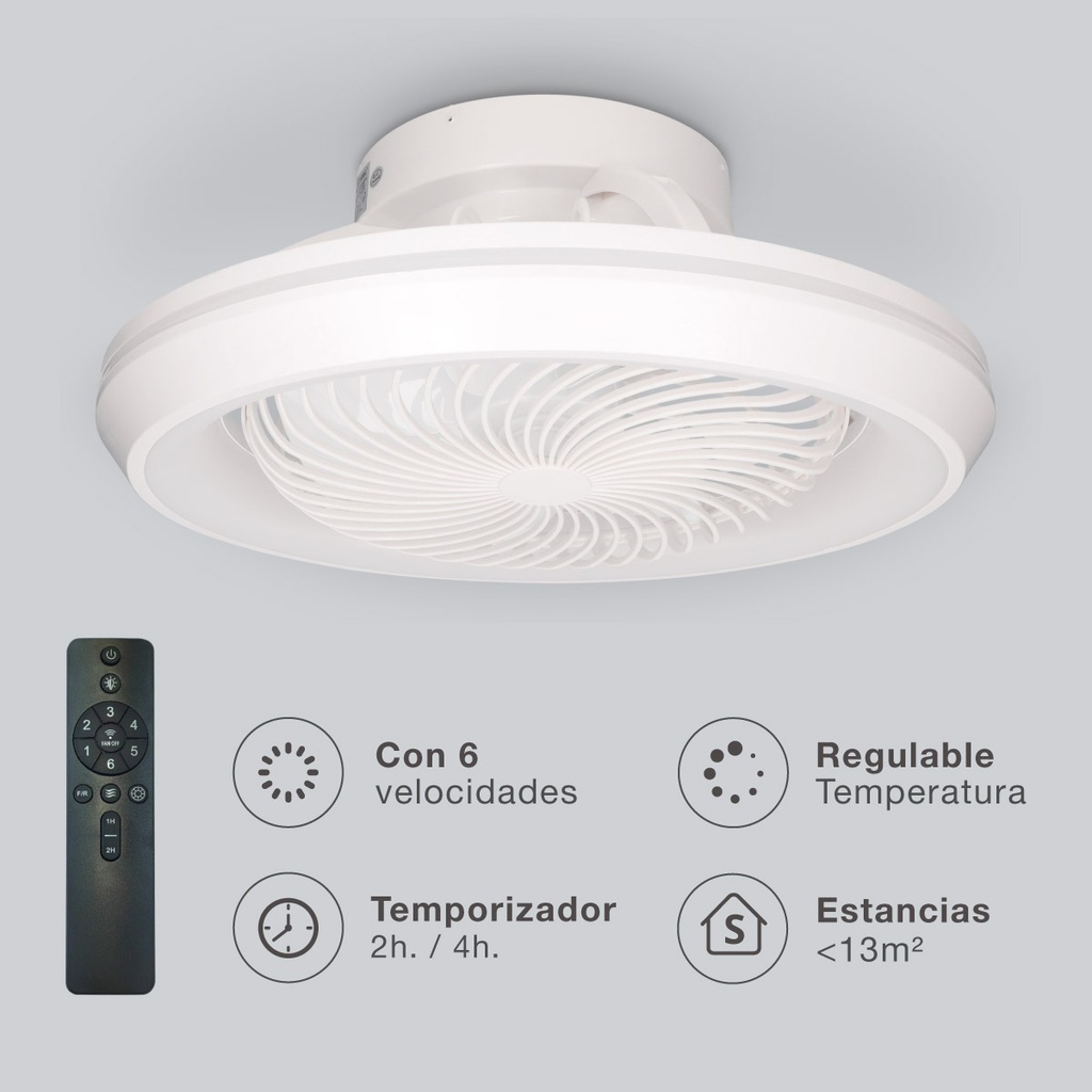 Ventilador techo rotativo Bhoor con luz CCT regulable y mando Ø50 7 aspas DC Blanco