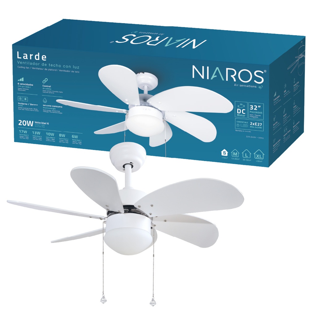 Ventilador techo Larde 2xE27 Ø82 6 aspas DC Blanco