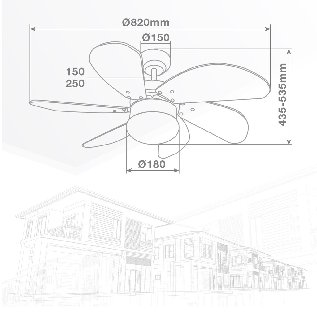 Ventilador techo Larde 2xE27 Ø82 6 aspas DC Blanco