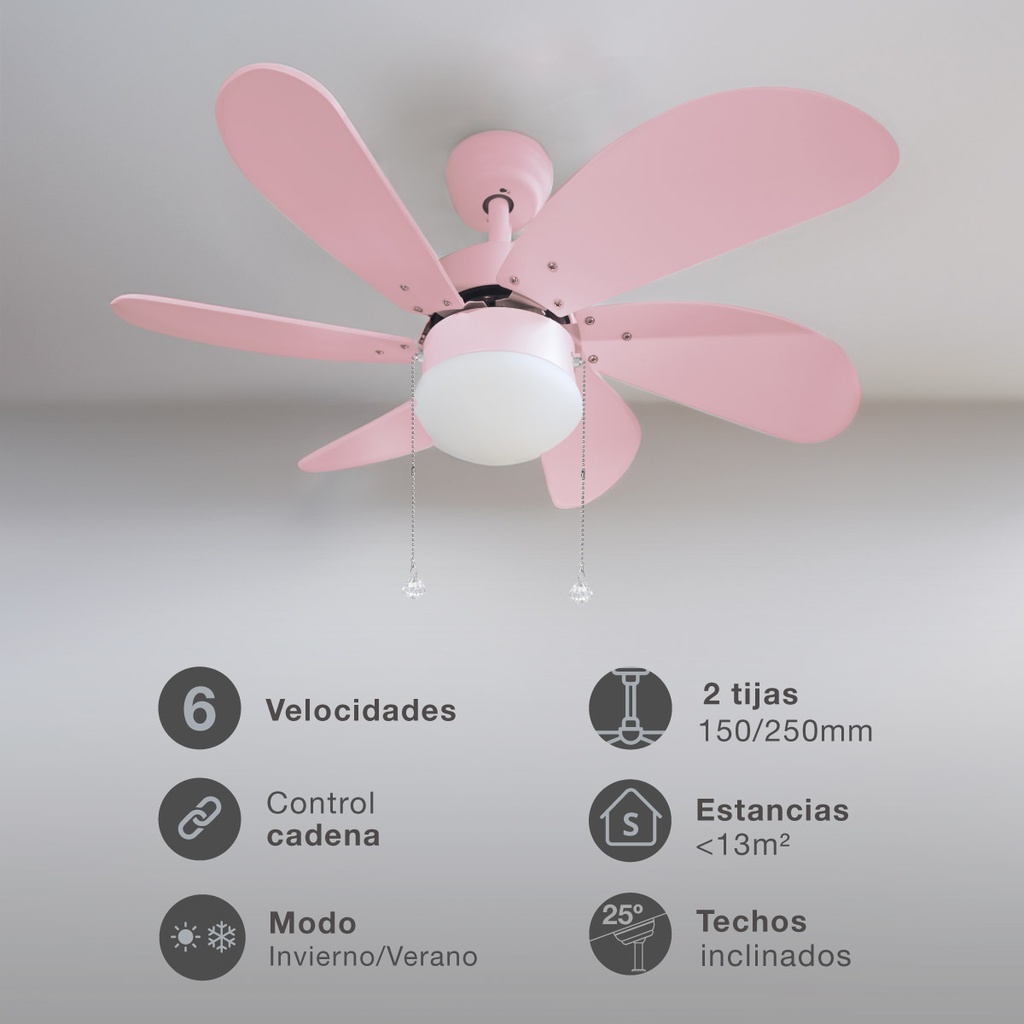 Ventilador techo Larde 2xE27 Ø82 6 aspas DC Rosa