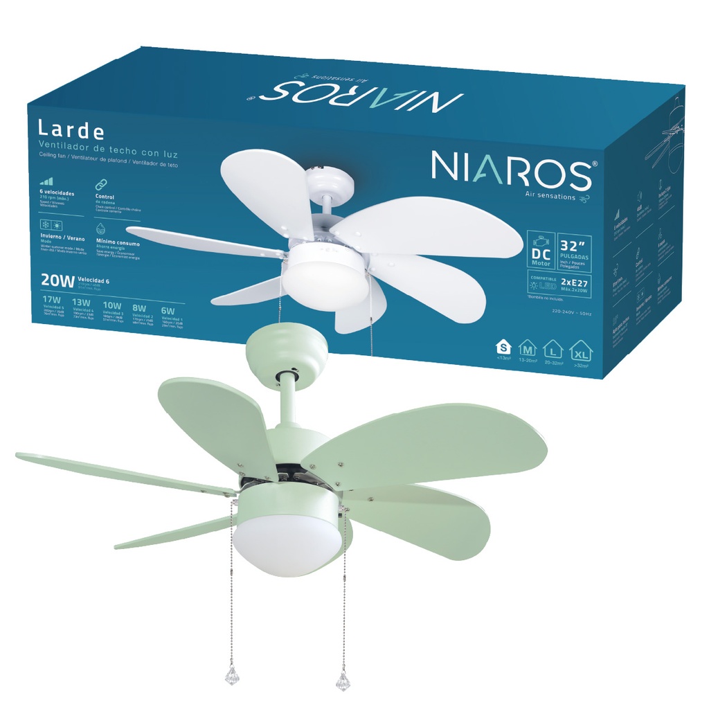 Ventilador techo Larde 2xE27 Ø82 6 aspas DC Verde