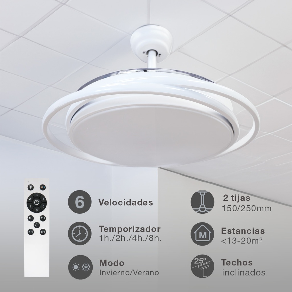 Ventilador techo Bauala con luz CCT regulable y mando Ø107 3 aspas retráctiles DC Blanco