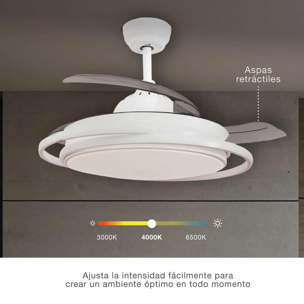 Ventilador techo Bauala con luz CCT regulable y mando Ø107 3 aspas retráctiles DC Blanco