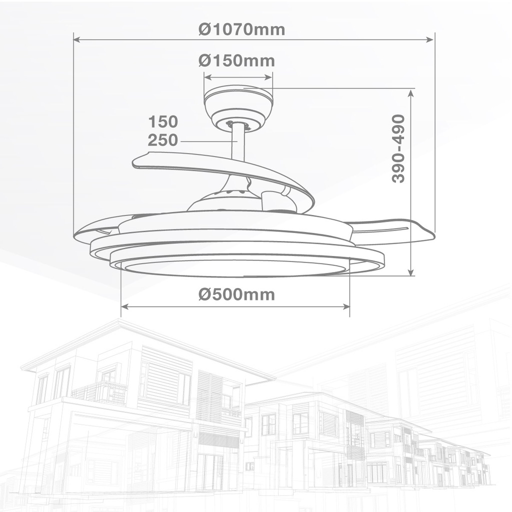 Ventilador techo Bauala con luz CCT regulable y mando Ø107 3 aspas retráctiles DC Blanco