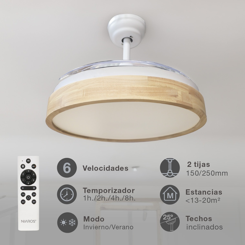 Ventilador techo Ranta con luz CCT regulable y mando Ø107 3 aspas retráctiles DC Blanco