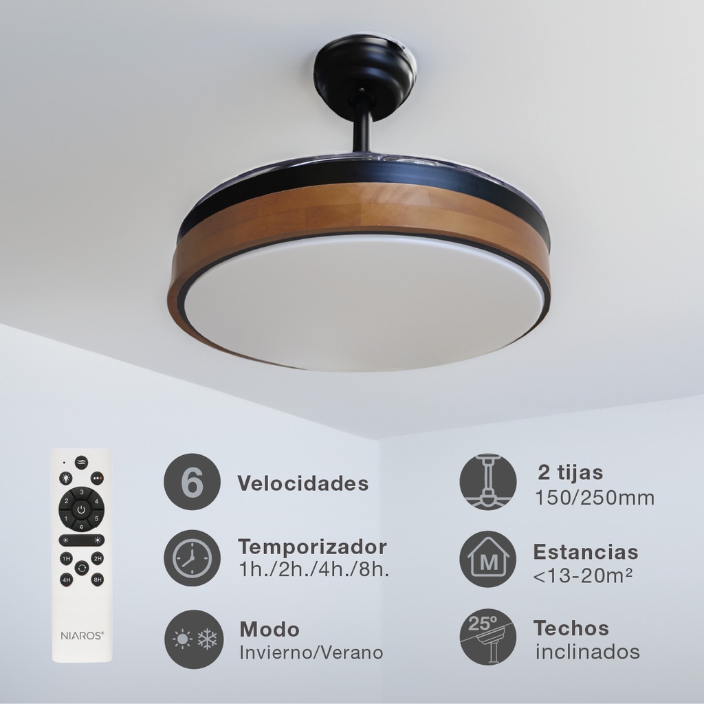 Ventilador techo Ranta con luz CCT regulable y mando Ø107 3 aspas retráctiles DC Negro