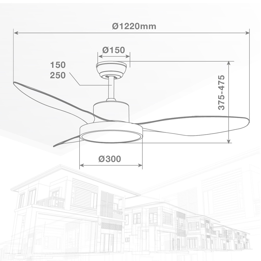 Ventilador techo Biula con luz CCT regulable y mando Ø122 3 aspas DC Negro