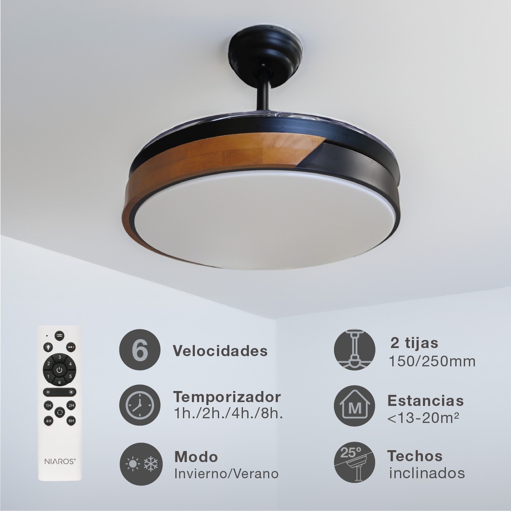 Ventilador techo Likasi con luz CCT regulable y mando Ø107 3 aspas retráctiles DC Negro