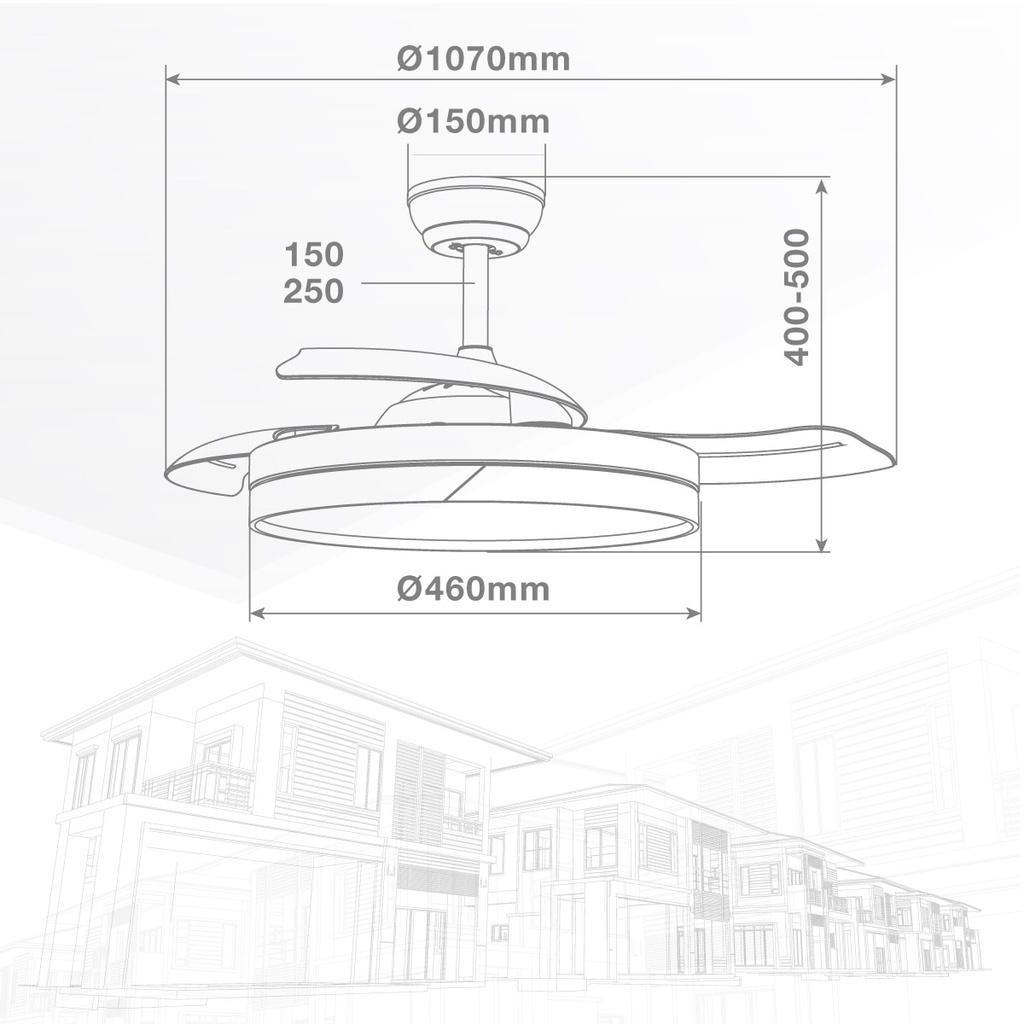 Ventilador techo Likasi con luz CCT regulable y mando Ø107 3 aspas retráctiles DC Negro