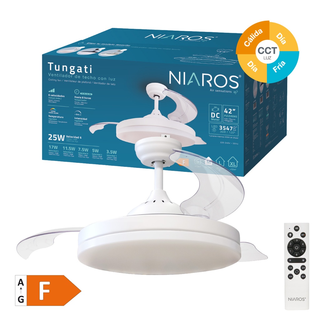 Ventilador techo Tungati con luz CCT regulable y mando Ø107 3 aspas retráctiles DC Blanco