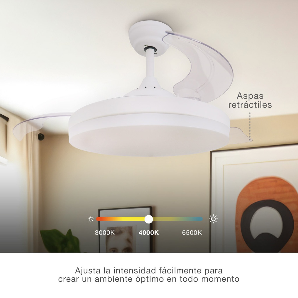 Ventilador techo Tungati con luz CCT regulable y mando Ø107 3 aspas retráctiles DC Blanco