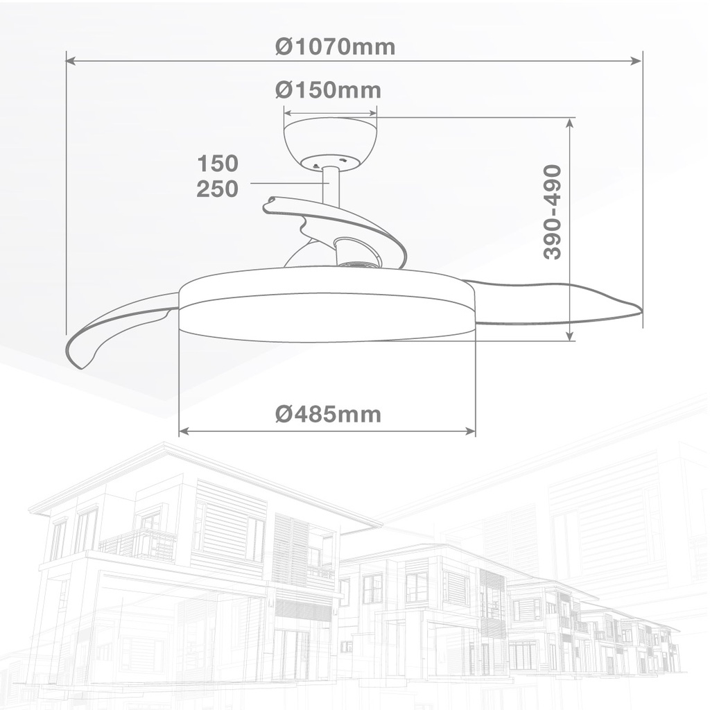 Ventilador techo Tungati con luz CCT regulable y mando Ø107 3 aspas retráctiles DC Blanco