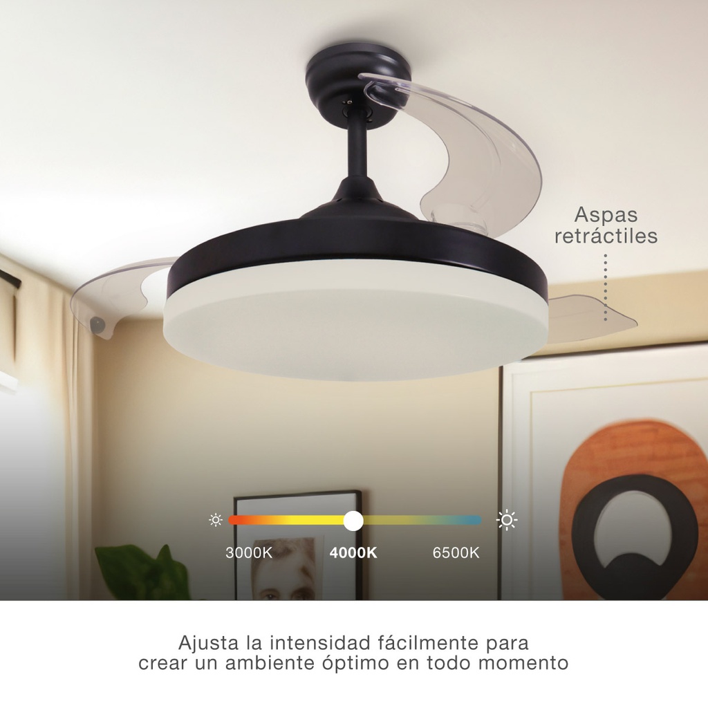 Ventilador techo Tungati con luz CCT regulable y mando Ø107 3 aspas retráctiles DC Negro