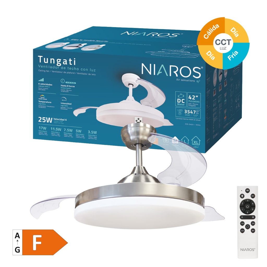 Ventilador techo Tungati con luz CCT regulable y mando Ø107 3 aspas retráctiles DC Níquel