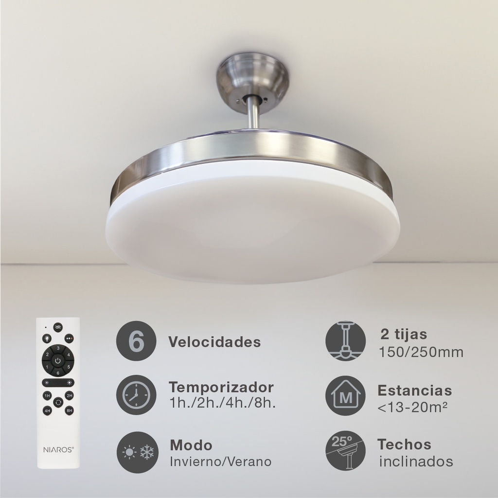 Ventilador techo Tungati con luz CCT regulable y mando Ø107 3 aspas retráctiles DC Níquel