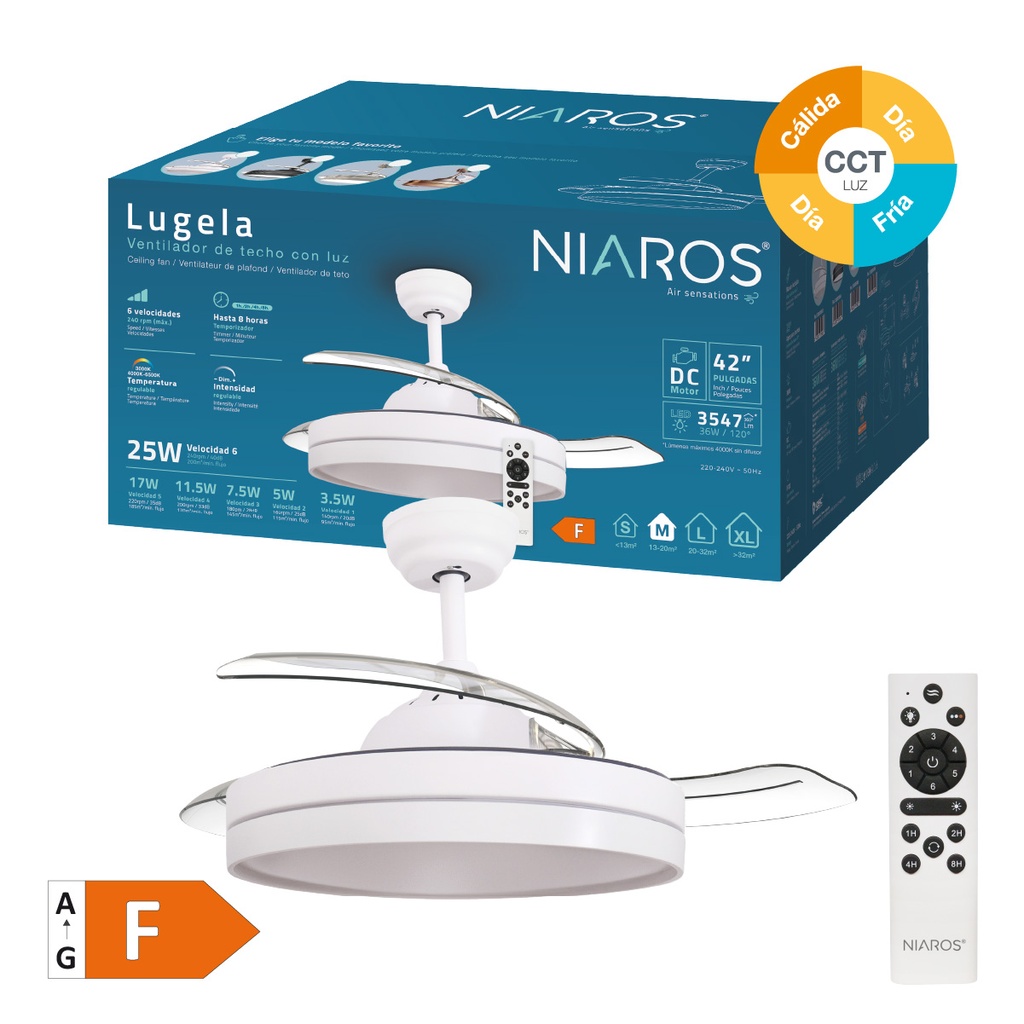 Ventilador techo Lugela con luz CCT regulable y mando Ø107 3 aspas retráctiles DC Blanco