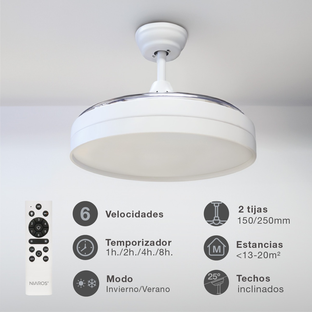 Ventilador techo Lugela con luz CCT regulable y mando Ø107 3 aspas retráctiles DC Blanco