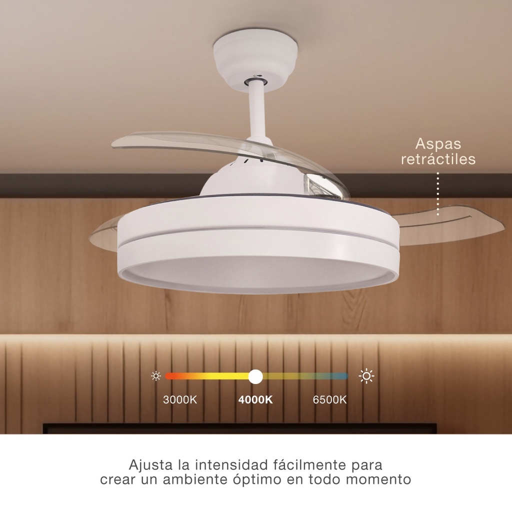 Ventilador techo Lugela con luz CCT regulable y mando Ø107 3 aspas retráctiles DC Blanco