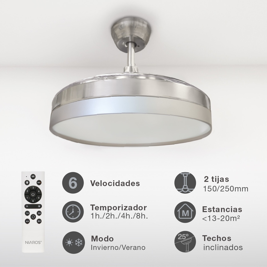 Ventilador techo Lugela con luz CCT regulable y mando Ø107 3 aspas retráctiles DC Níquel