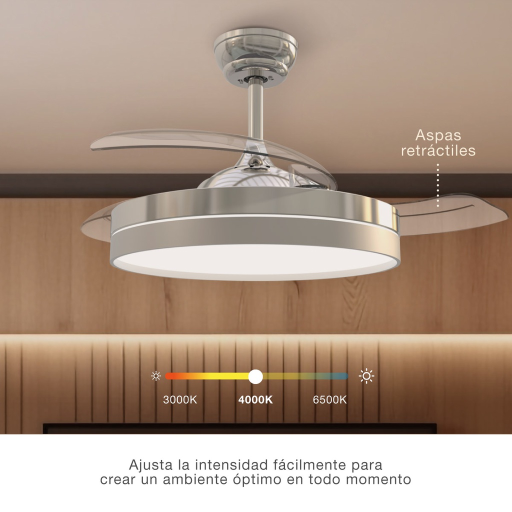 Ventilador techo Lugela con luz CCT regulable y mando Ø107 3 aspas retráctiles DC Níquel