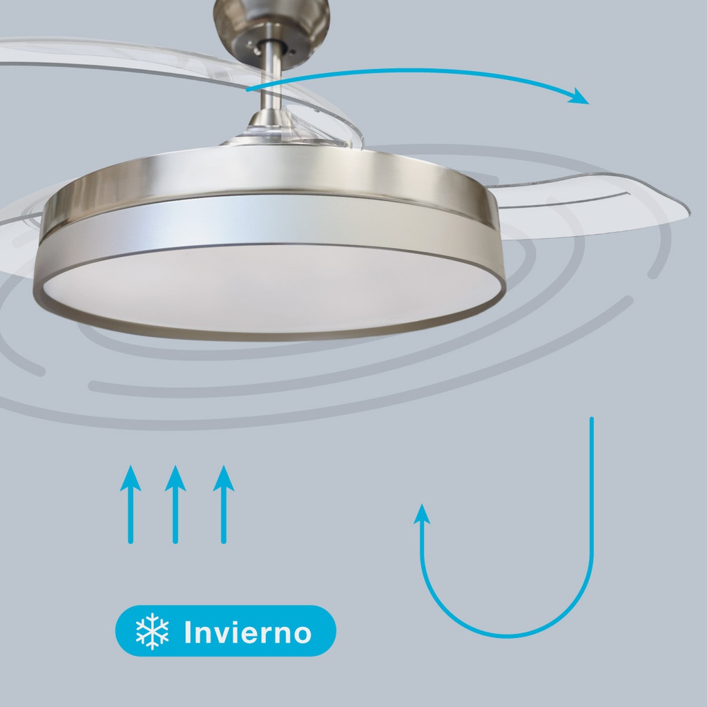 Ventilador techo Lugela con luz CCT regulable y mando Ø107 3 aspas retráctiles DC Níquel