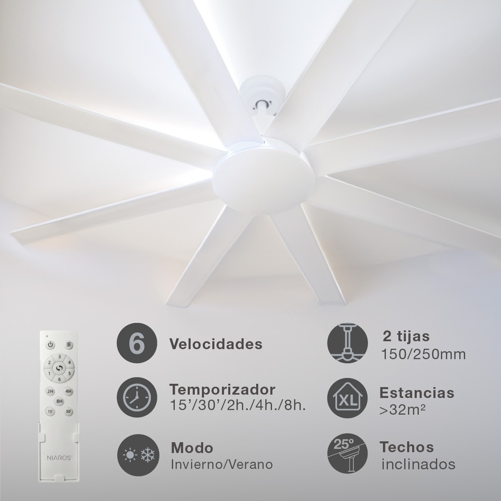 Ventilador techo Diongo con mando Ø165 8 aspas DC Blanco