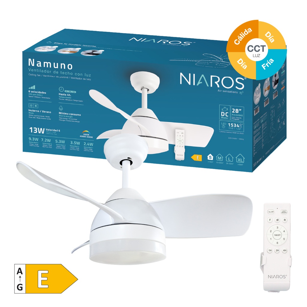 Ventilador techo Namuno con luz CCT regulable y mando Ø71 3 aspas DC Blanco