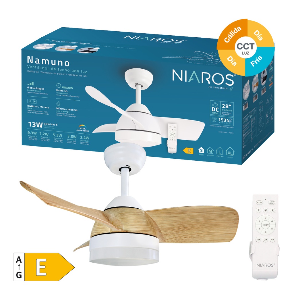 Ventilador techo Namuno con luz CCT regulable y mando Ø71 3 aspas DC Blanco