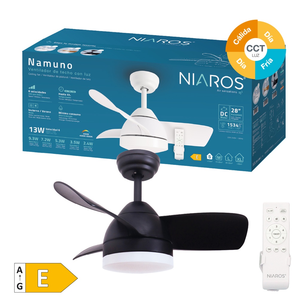 Ventilador techo Namuno con luz CCT regulable y mando Ø71 3 aspas DC Negro