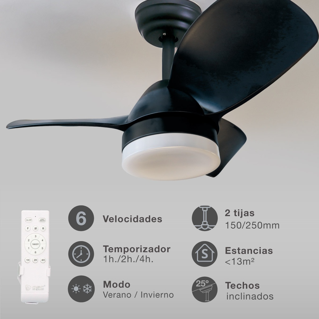 Ventilador techo Namuno con luz CCT regulable y mando Ø71 3 aspas DC Negro