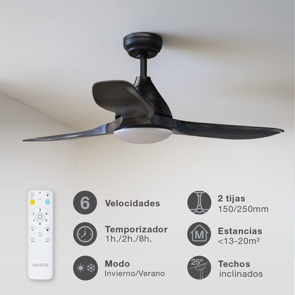 Ventilador techo Luma con luz CCT regulable y mando Ø117 3 aspas DC Negro