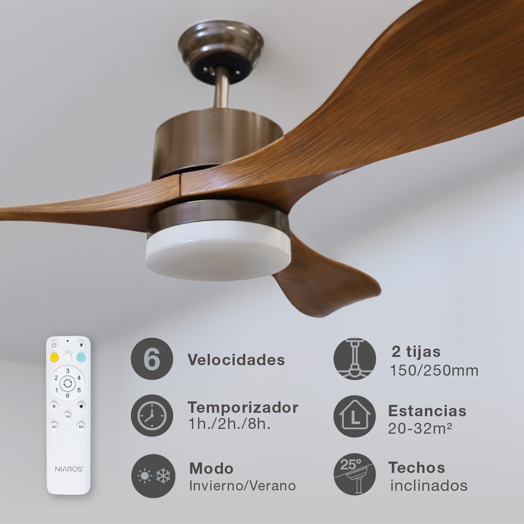 Ventilador techo Kota con luz CCT regulable y mando Ø132 3 aspas DC Café