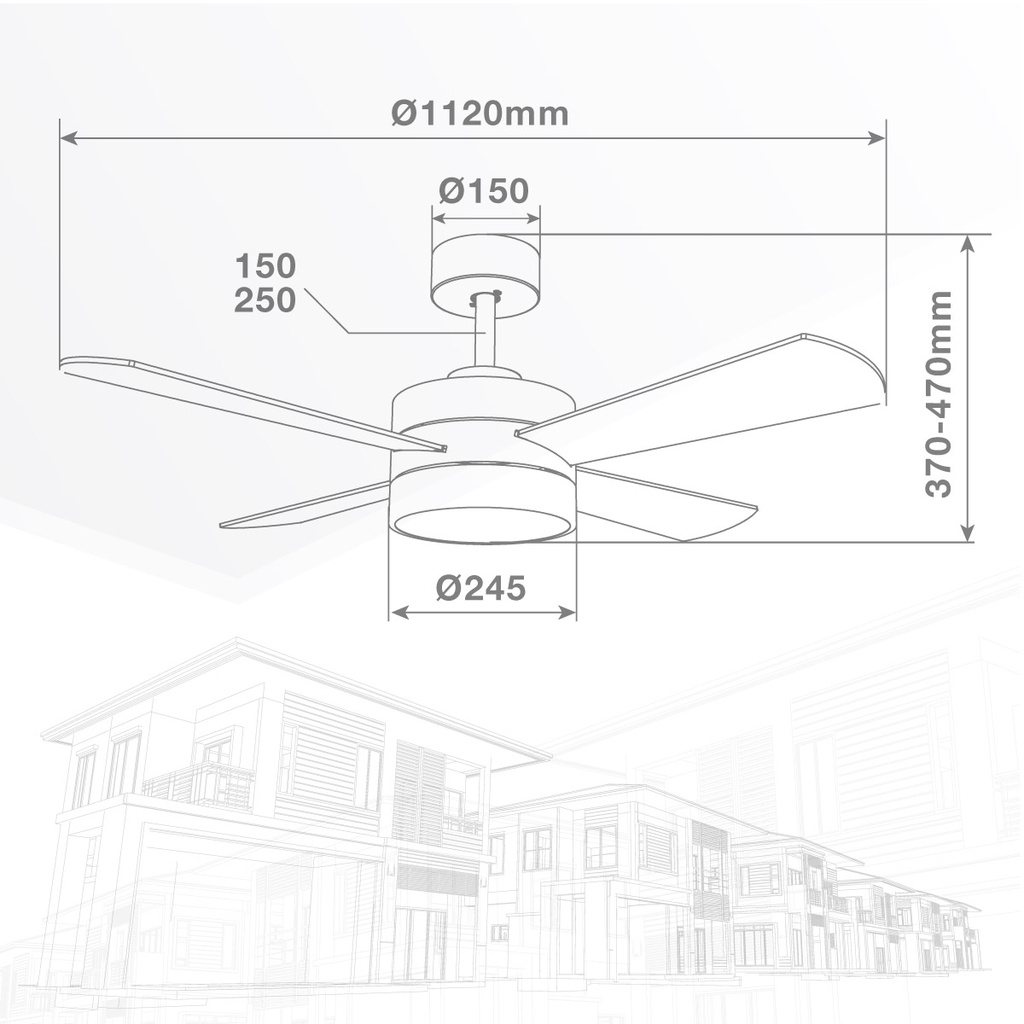 Ventilador techo Seram con luz CCT regulable y mando Ø112 4 aspas DC Níquel