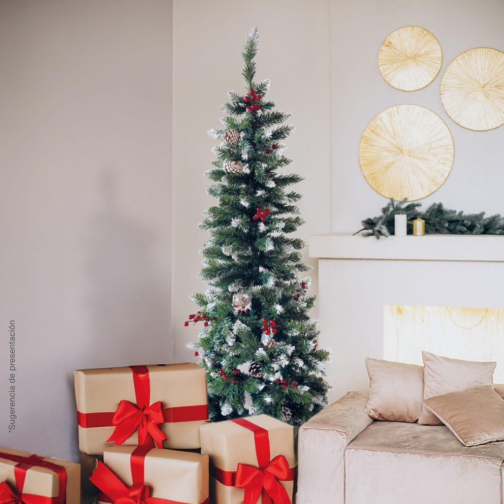 Árbol de navidad artificial efecto nieve con acebo y piñas Haur 1,5M 326 ramas