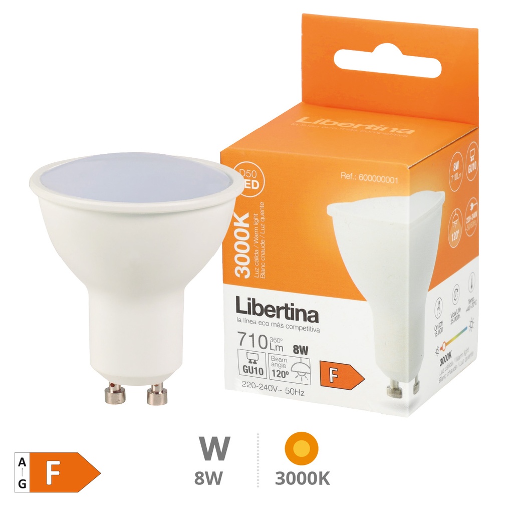 Bombilla LED dicroica 8W GU10 3000K - Libertina