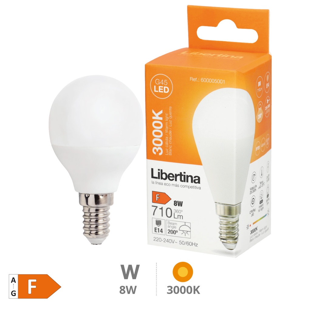 Bombilla LED esférica 8W E14 3000K - Libertina