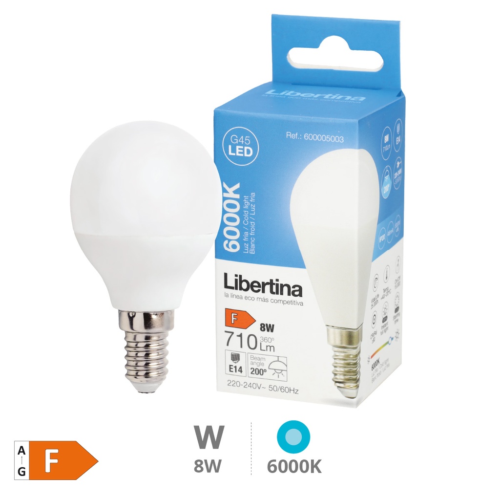 Bombilla LED esférica 8W E14 6000K - Libertina