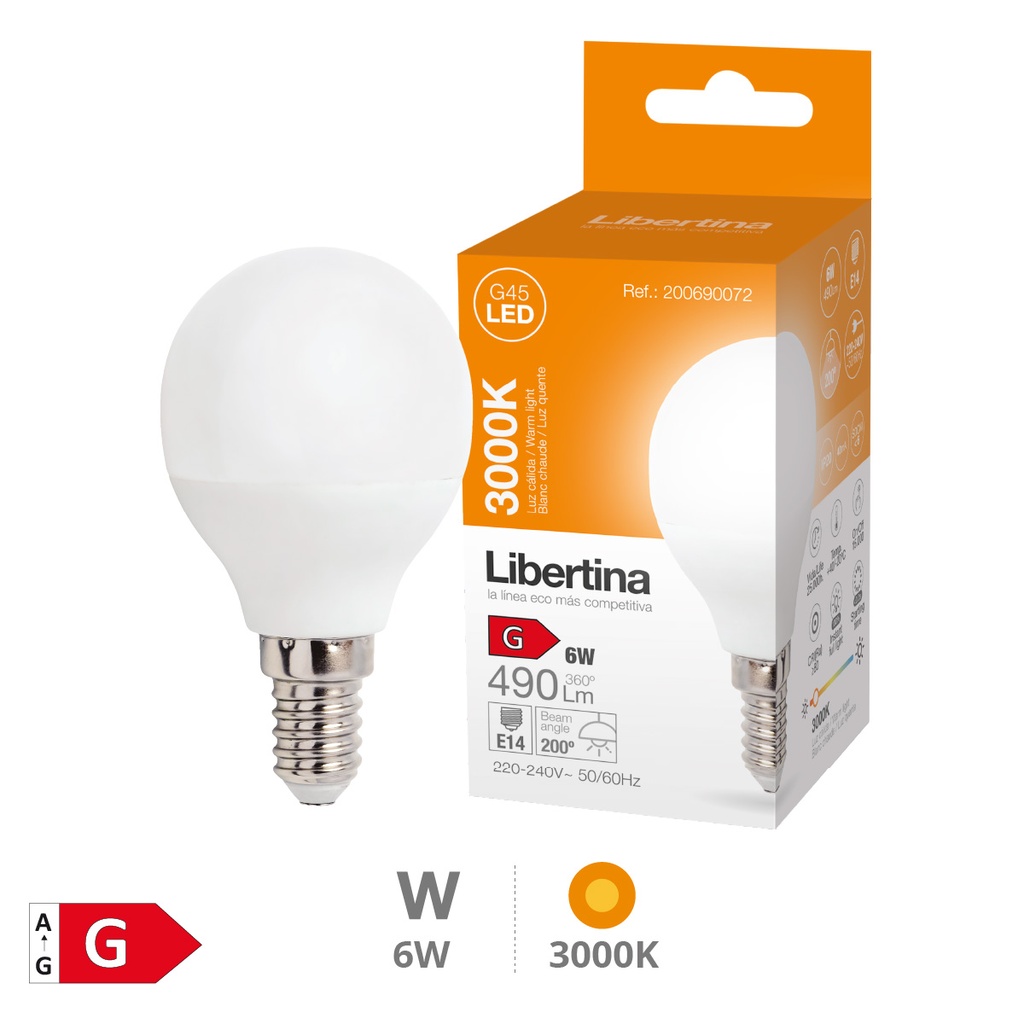 Bombilla LED esférica 6W E14 3000K - Libertina