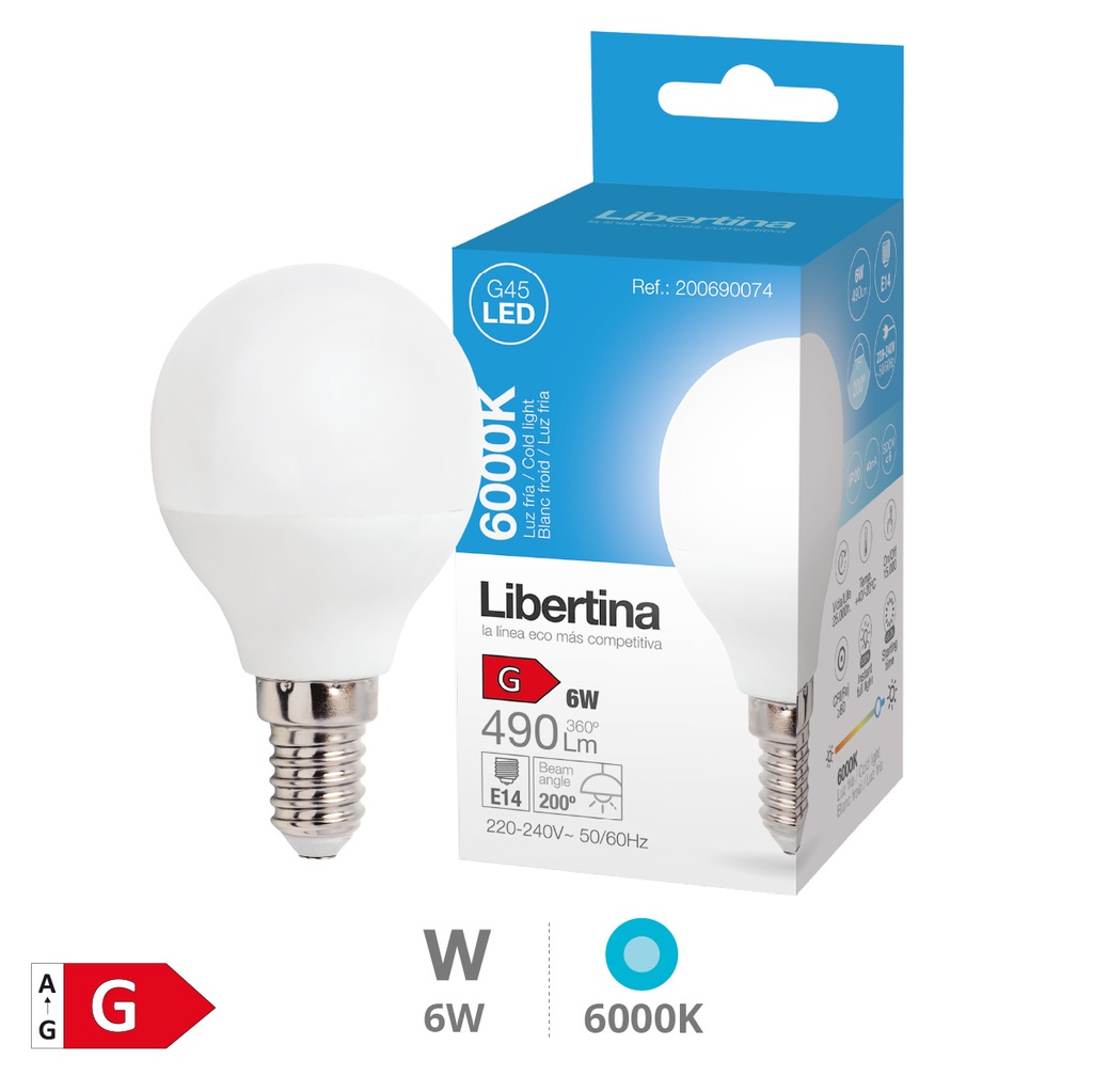 Bombilla LED esférica 6W E14 6000K - Libertina