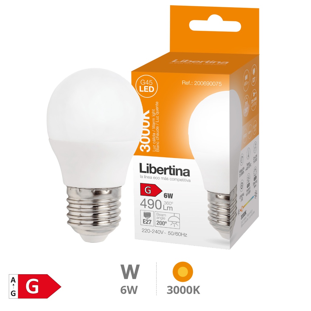 Bombilla LED esférica 6W E27 3000K - Libertina