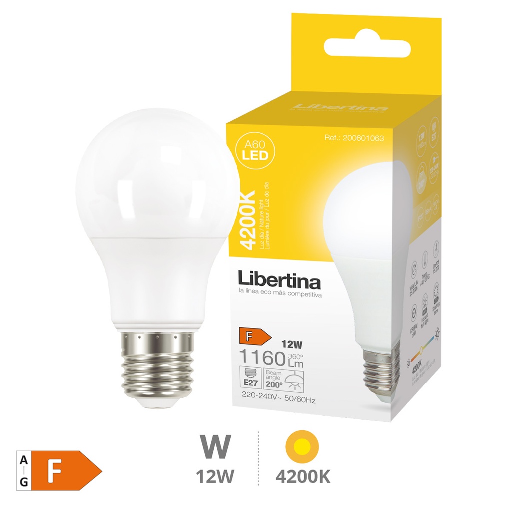 Bombilla LED estándar A60 12W E27 4200K - Libertina