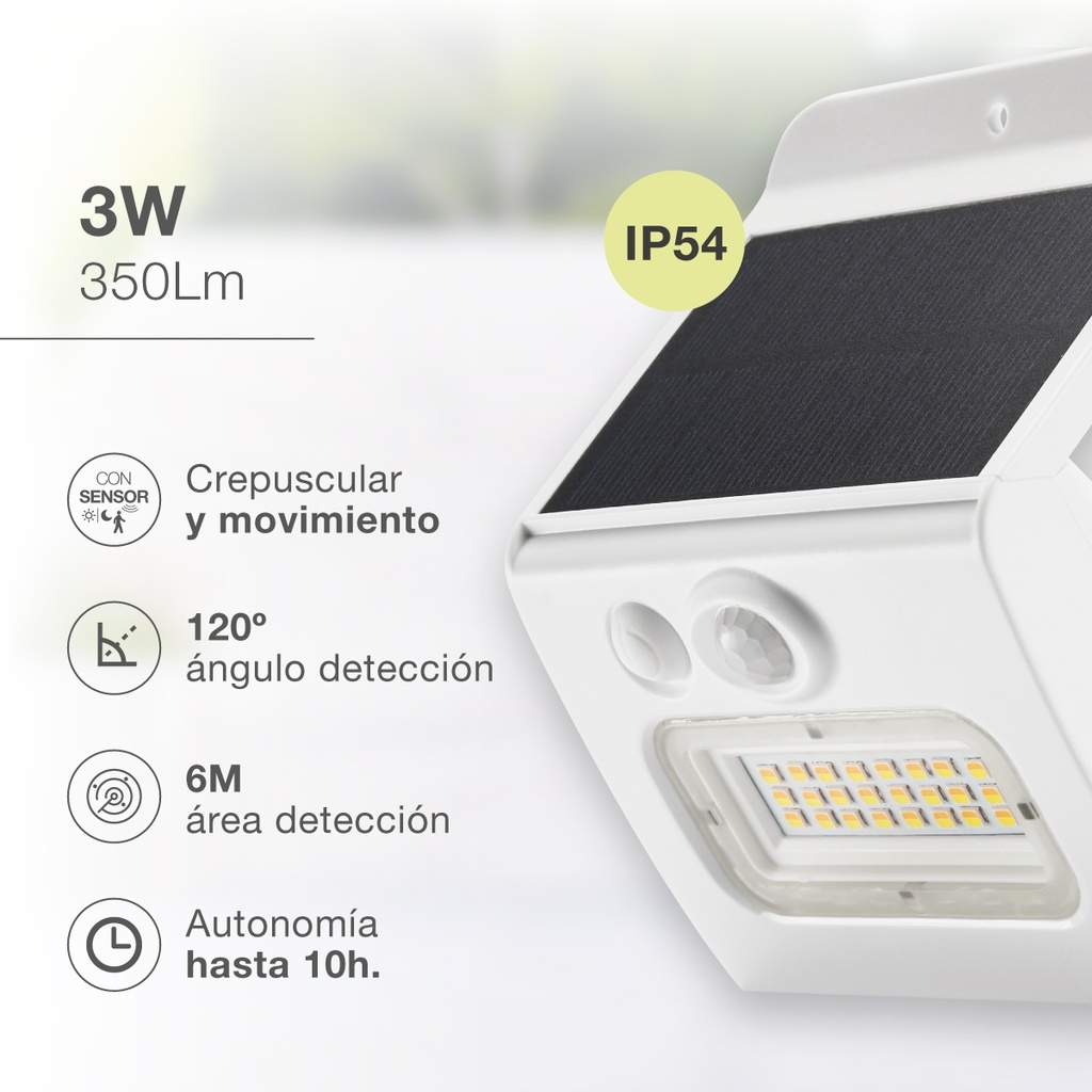 Aplique solar LED Egoda con sensor de movimiento y crepuscular 3W 3000 - 4000 - 6500K Blanco