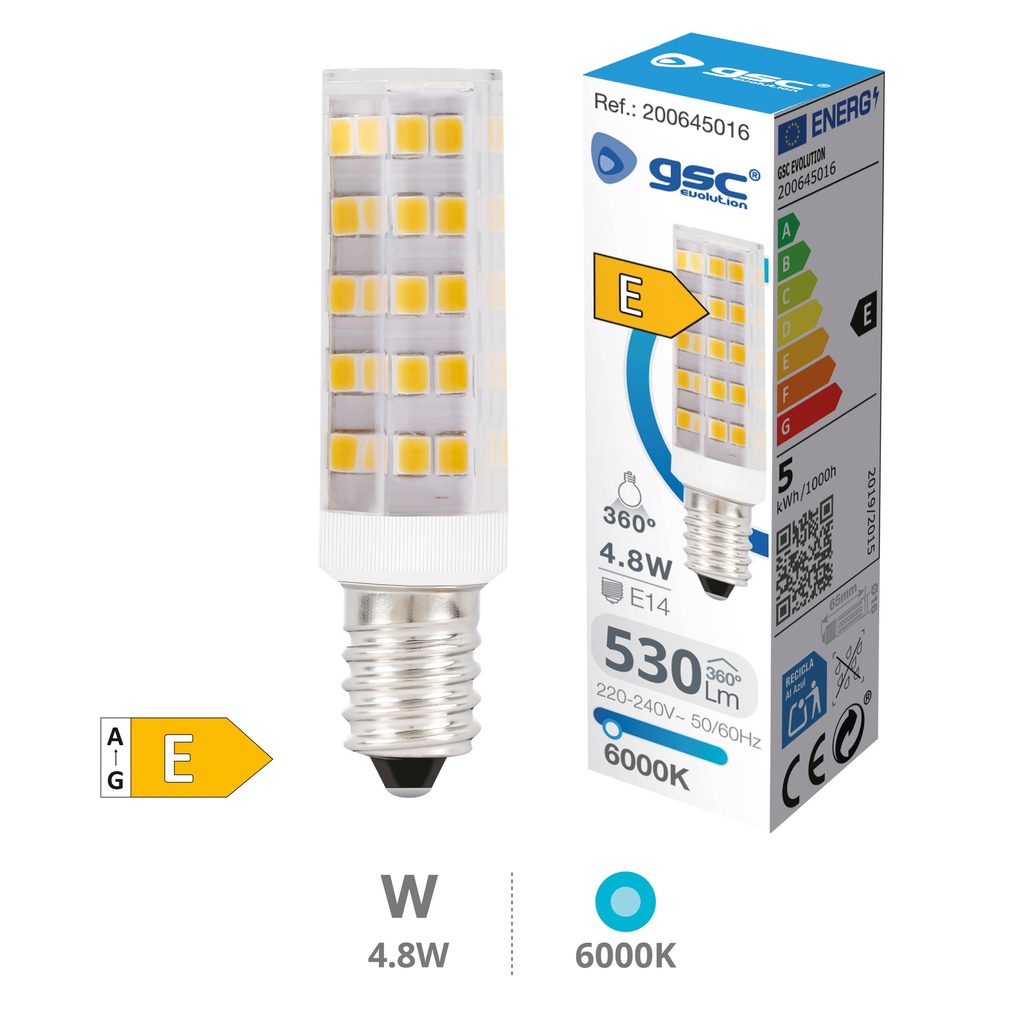 Bombilla LED tubular 4.8W E14 6000K