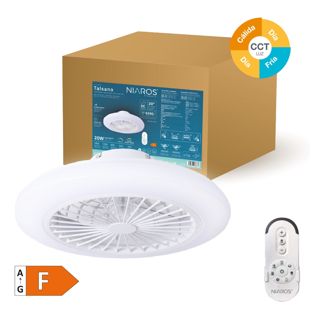 Ventilador techo Box Fan Talsano con luz CCT regulable y mando Ø50 8 aspas DC Blanco