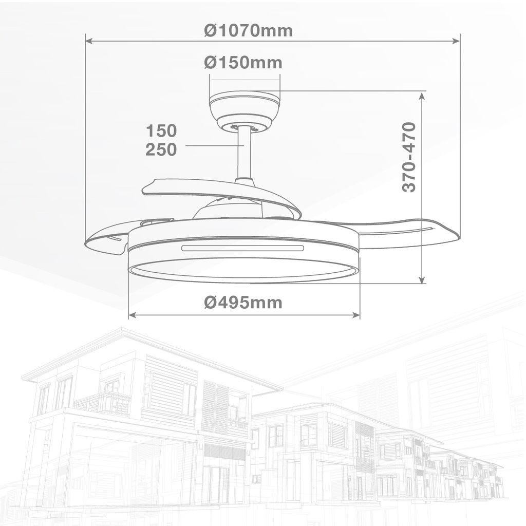 Ventilador techo Buccheri con luz CCT regulable y mando Ø107 3 aspas retráctiles DC Blanco