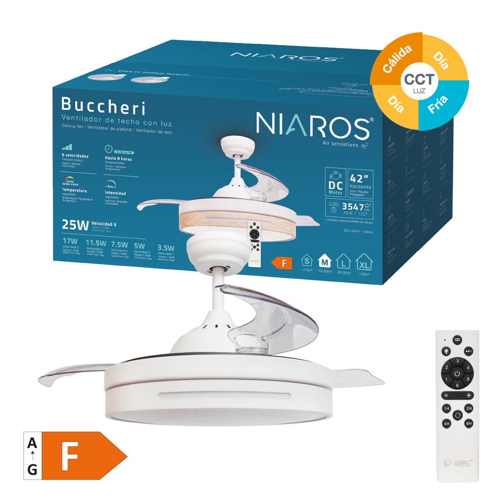 Ventilador techo Buccheri con luz CCT regulable y mando Ø107 3 aspas retráctiles DC Blanco