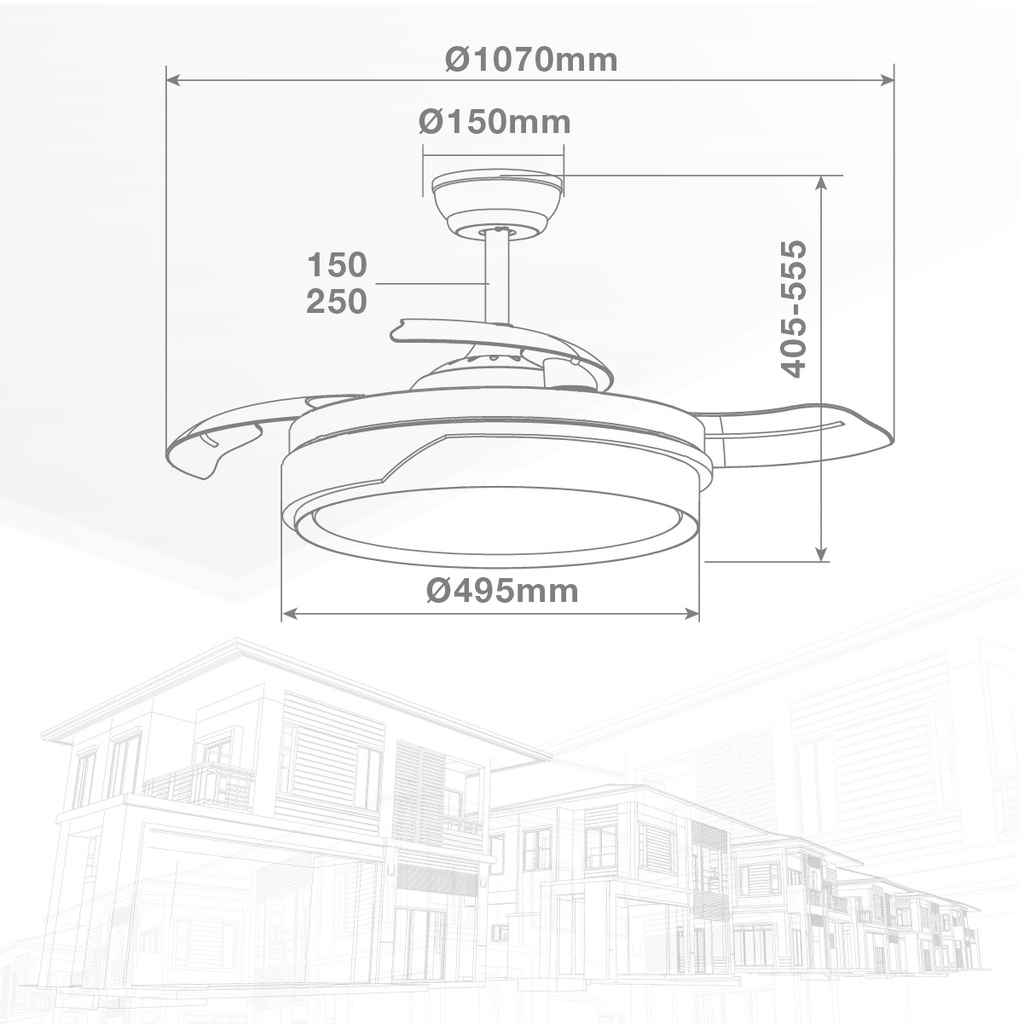 Ventilador techo Lentini con luz CCT regulable y mando Ø107 3 aspas retráctiles DC Blanco