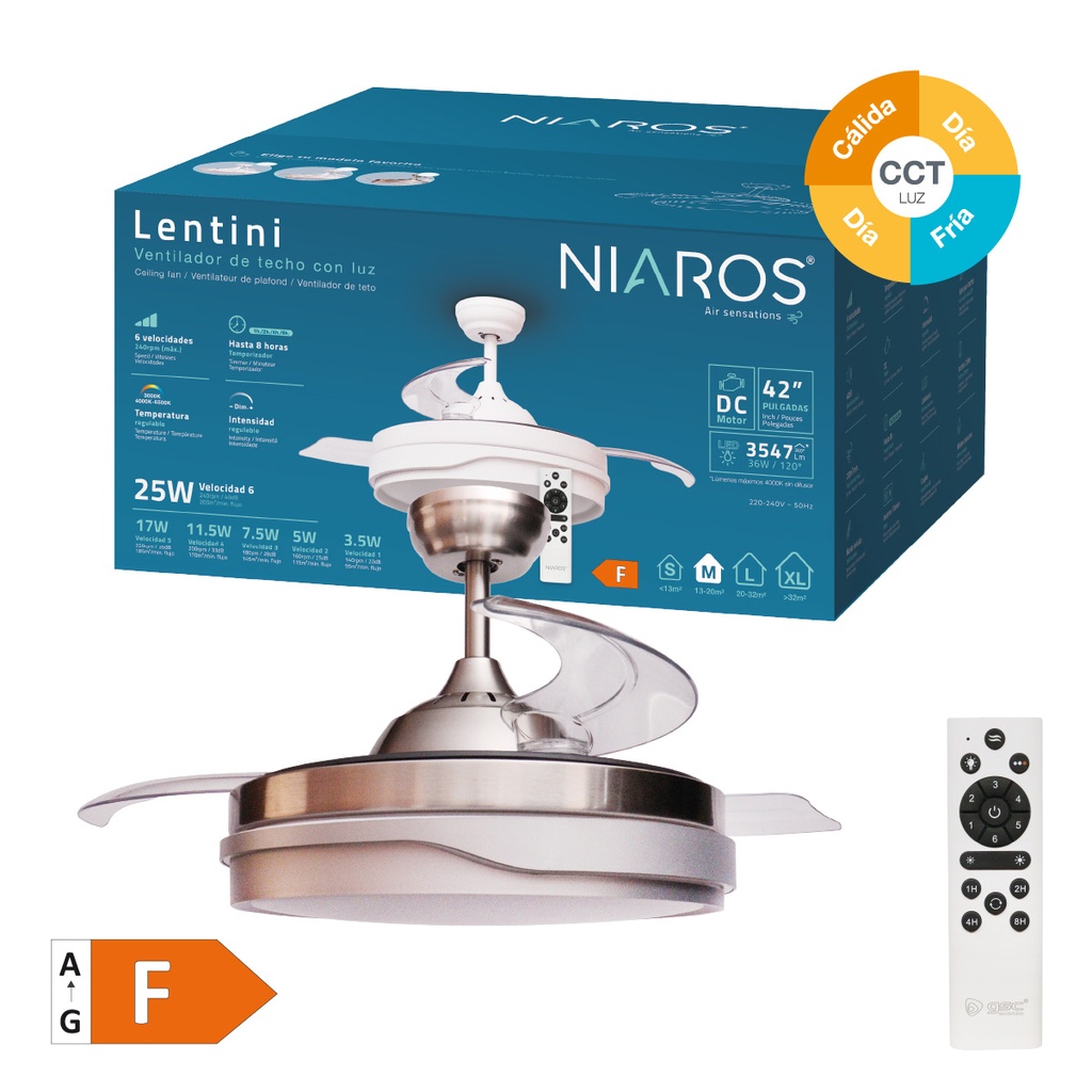 Ventilador techo Lentini con luz CCT regulable y mando Ø107 3 aspas retráctiles DC Níquel